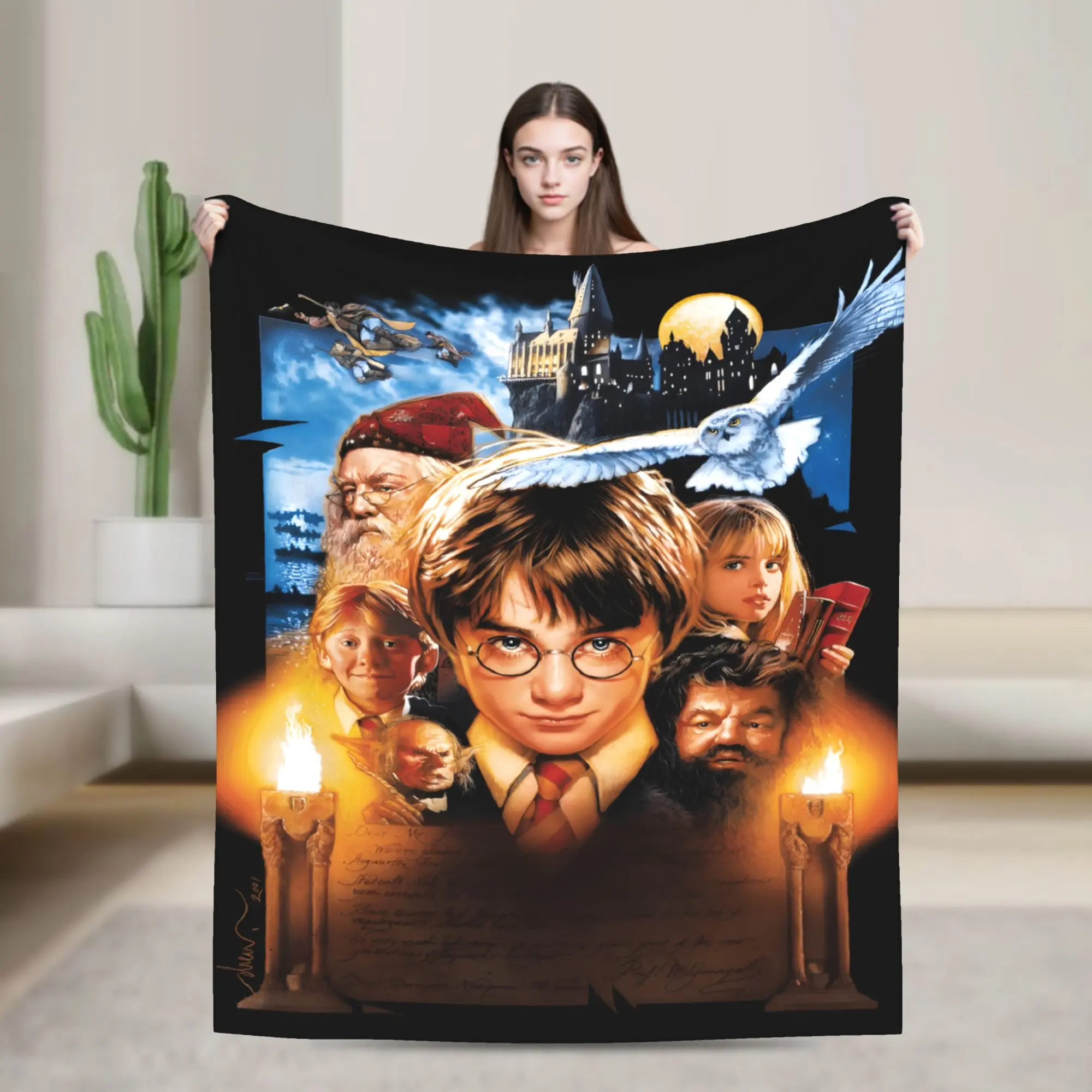 WB Harry Potter Hogwarts Castle Full Character Movie Poster Throw Blanket, Dark Black Background Harry Hermione Ron Dumbledore Hedwig All Season Sofa Bed Cover, HP Book & Movie Fan Nostalgic Holiday Housewarming Gift