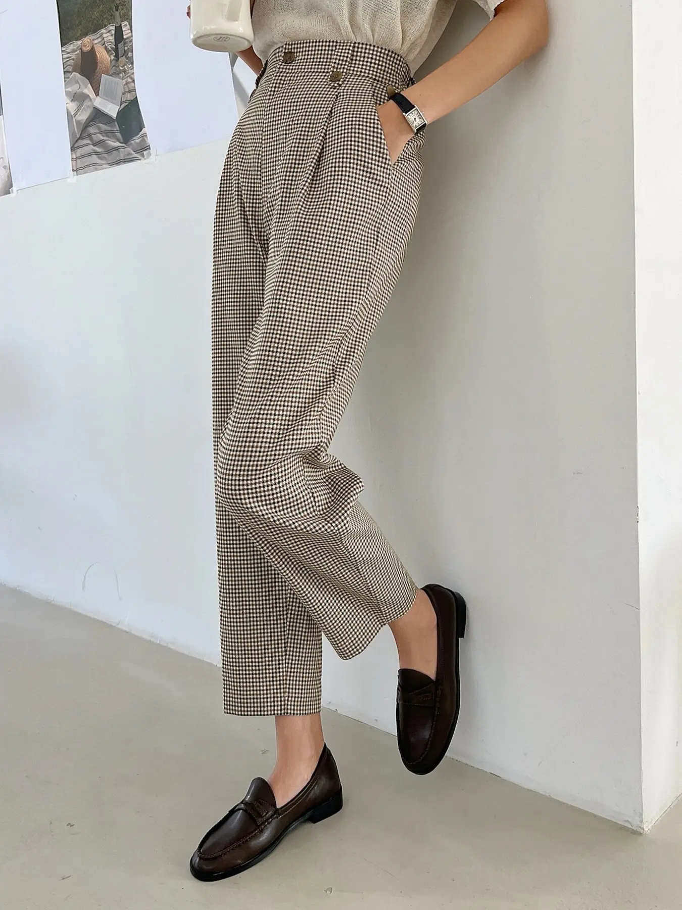 Plaid Tube Pants, High Waist Elastic Back Slimming Checkered West Pants, Office Commute Women's Casual All Seasons Pants, Nine-Inch Length