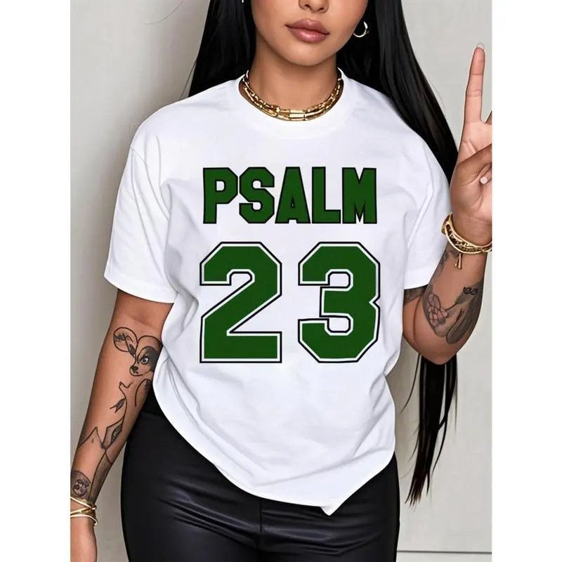 Women's Psalm 23 Premium Jersey T-Shirt - Customized Shortsleeve Crew Neck Garment, Soft Breathable Fabric, Bold Green Lettering Tops Clothes for Holiday Parties, Gift Giving, Loose, Letters