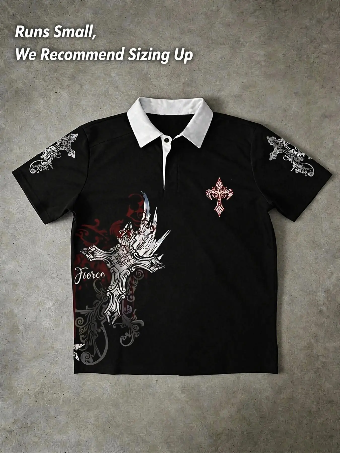 Men's Black Gothic Graphic Polo Shirt, Oversized Short Sleeve Collared Top with White Contrast Collar, Red-White Angel, Cross and Script Prints, Retro Y2K Dark Streetwear for Summer, Campus Looks, Music Festivals, Parties, Layering, and Casual Wear