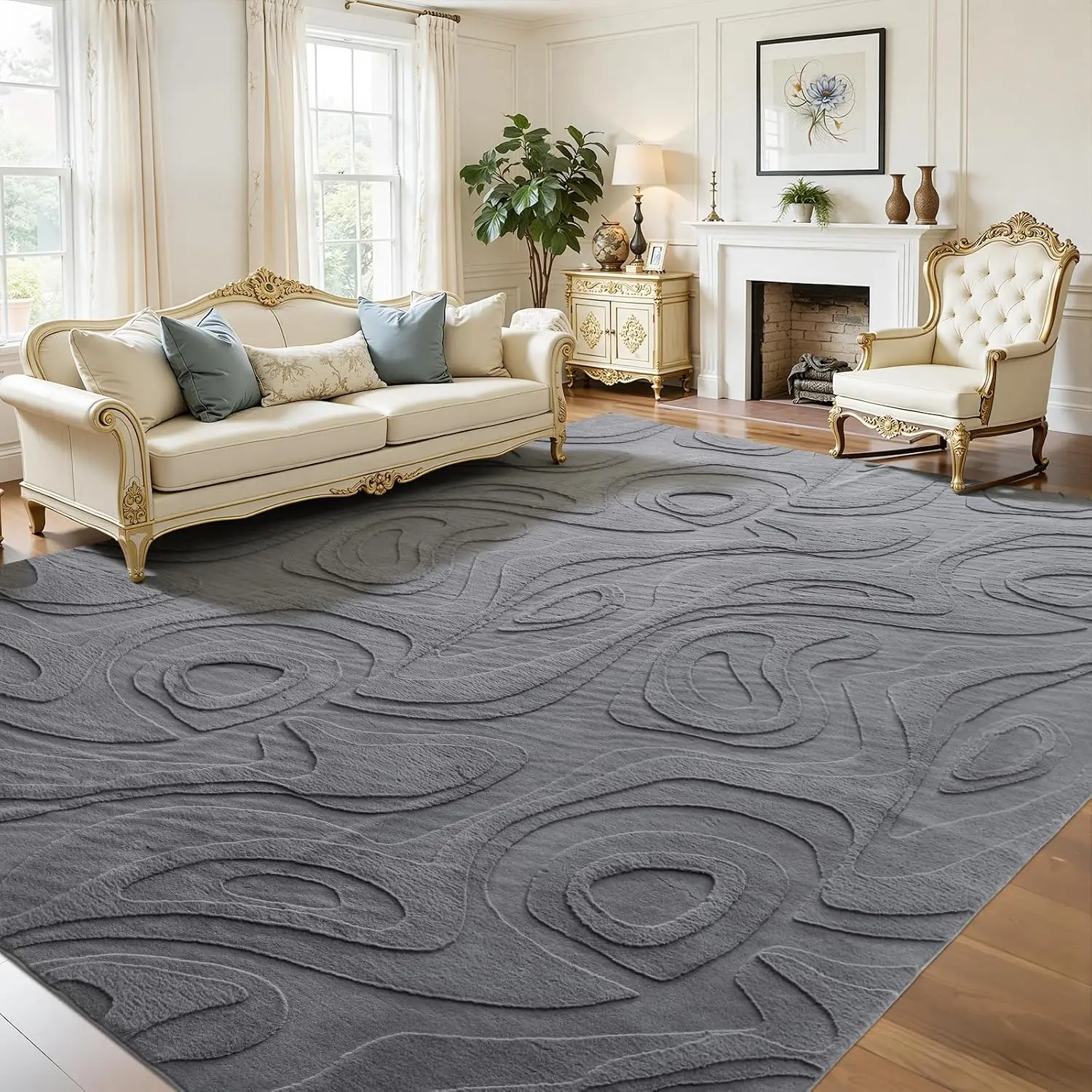 Washable Rugs 8'x10' Area Rugs for Living Room ,Ultra Soft Faux   Embossed Rug for Bedroom, Non Slip&Non-Shedding Low Pile Large Carpets for  Decor Gray