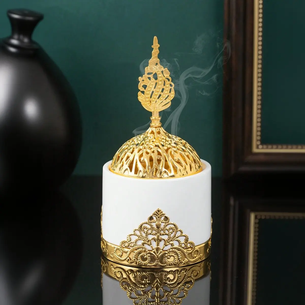 Cylindrical Resin Incense Burner with Ornate Golden Lace Trim & Hollow Filigree Dome Lid, Decorative Aromatherapy Censer, Calming Home Fragrance, 3 Color Options, Tabletop Ornament for Living Room, Bedroom & Indoor Home Styling