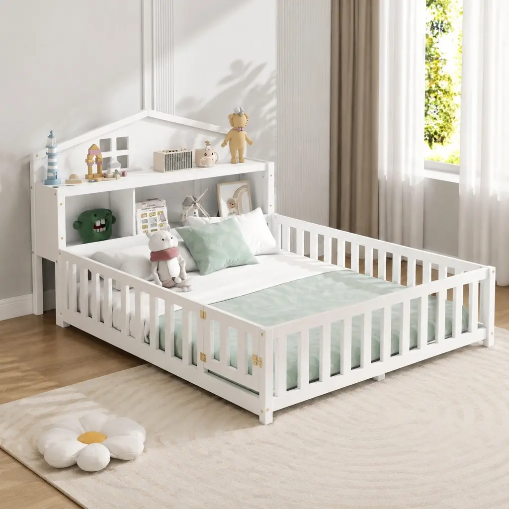 ARCH Furniture Full-Size Montessori Floor Toddler Bed Frame - High-Quality Plywood & Pine Wood, White, 89.96in L x 55.79in W x 42.91in H, Includes Headboard with Storage, Bookcase, Chalkboard Back, Guard Rails, Small Openable Door, Ships in 2 Packages, Mo