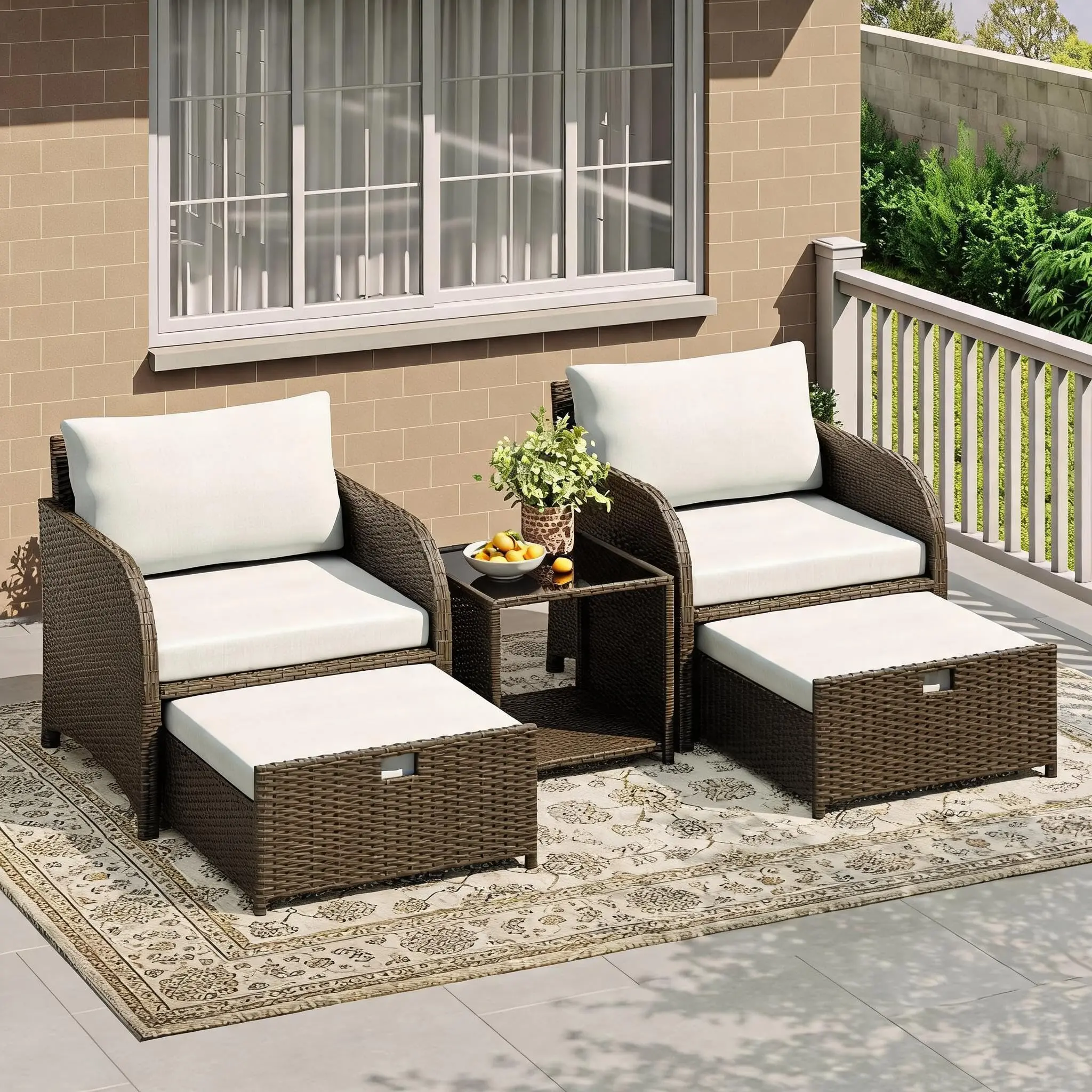 【Garvee】5 Piece Patio Rattan Conversation Set – Outdoor Wicker Furniture Set with Tempered Glass Coffee Table, Rattan Chairs with Ottoman Footstools, Thick Soft Cushions – for Garden, Backyard, Porch – Beige