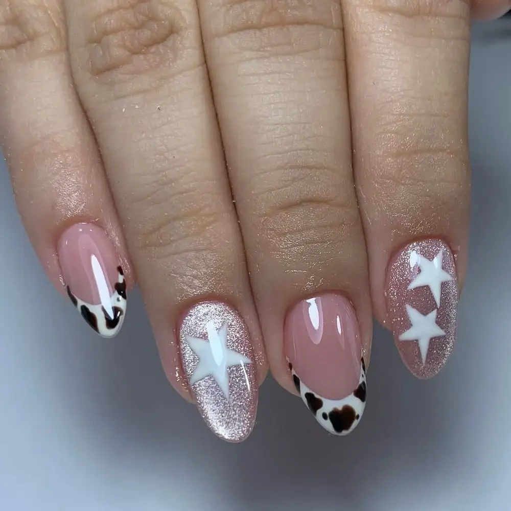 24pcs Millennial Cow Print French Tip Nail Tips, Nude Cat Eye Star False Nails, Reusable Manicure for Spring Summer, Parties, Daily Wear