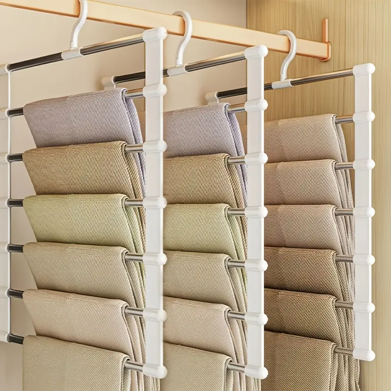 1/2/3 pack with 7 layers of space saving pants rack - anti slip wardrobe storage rack, stainless steel multi-layer hanger, suitable for pants, scarves, leggings, and skirts; Essential items for dormitories and apartments