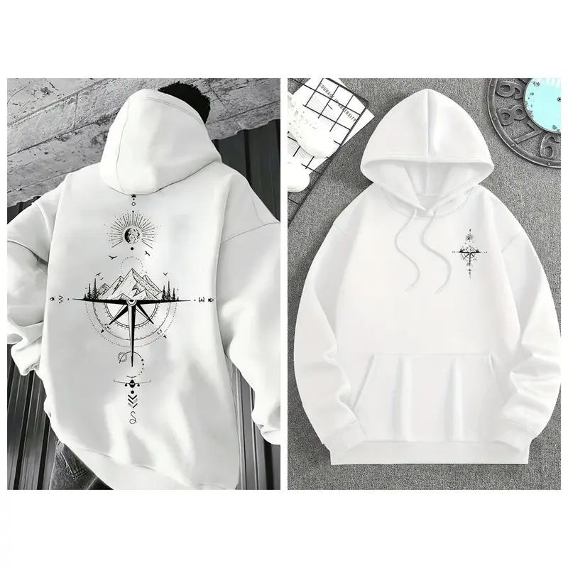 Menswear Vintage Adventure Compass Mountain Hoodie - Unisex Oversized Loose Thin Fleece Long-Sleeve Pullover with Drawstring Pocket, Bird-Kangaroo Graphic, Minimalist Wanderlust Streetwear for Casual Daily Use (Cargo Pants Compatible)