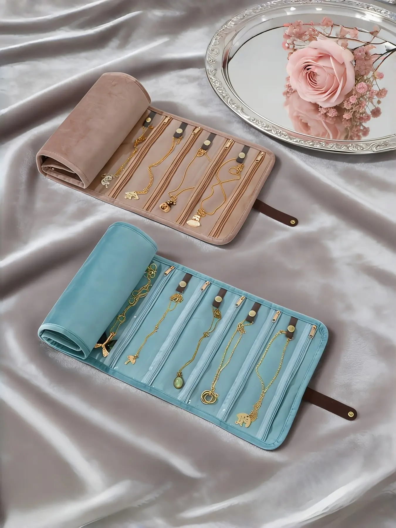 Velvet Jewelry Storage Bag, Multi-Layer Earrings Necklace Organizer, Portable Rollable Travel Accessory Case, Compact Design