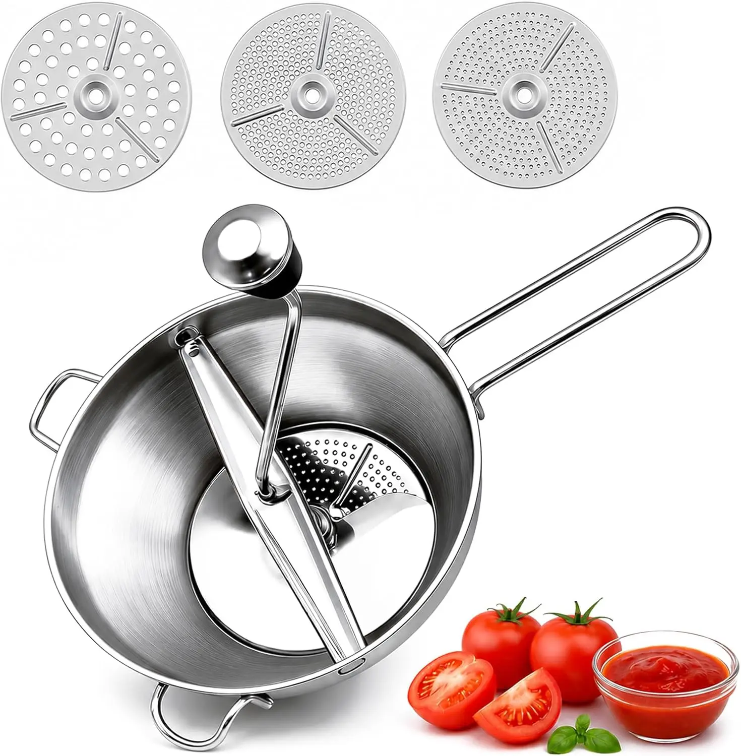 Stainless Steel Food Mill with 3 Interchangeable Discs | Rotary Food Mill for Tomato Sauce, Mashed Potatoes, Baby Food, Jams | Ergonomic Handle |Easy to Clean & Assemble