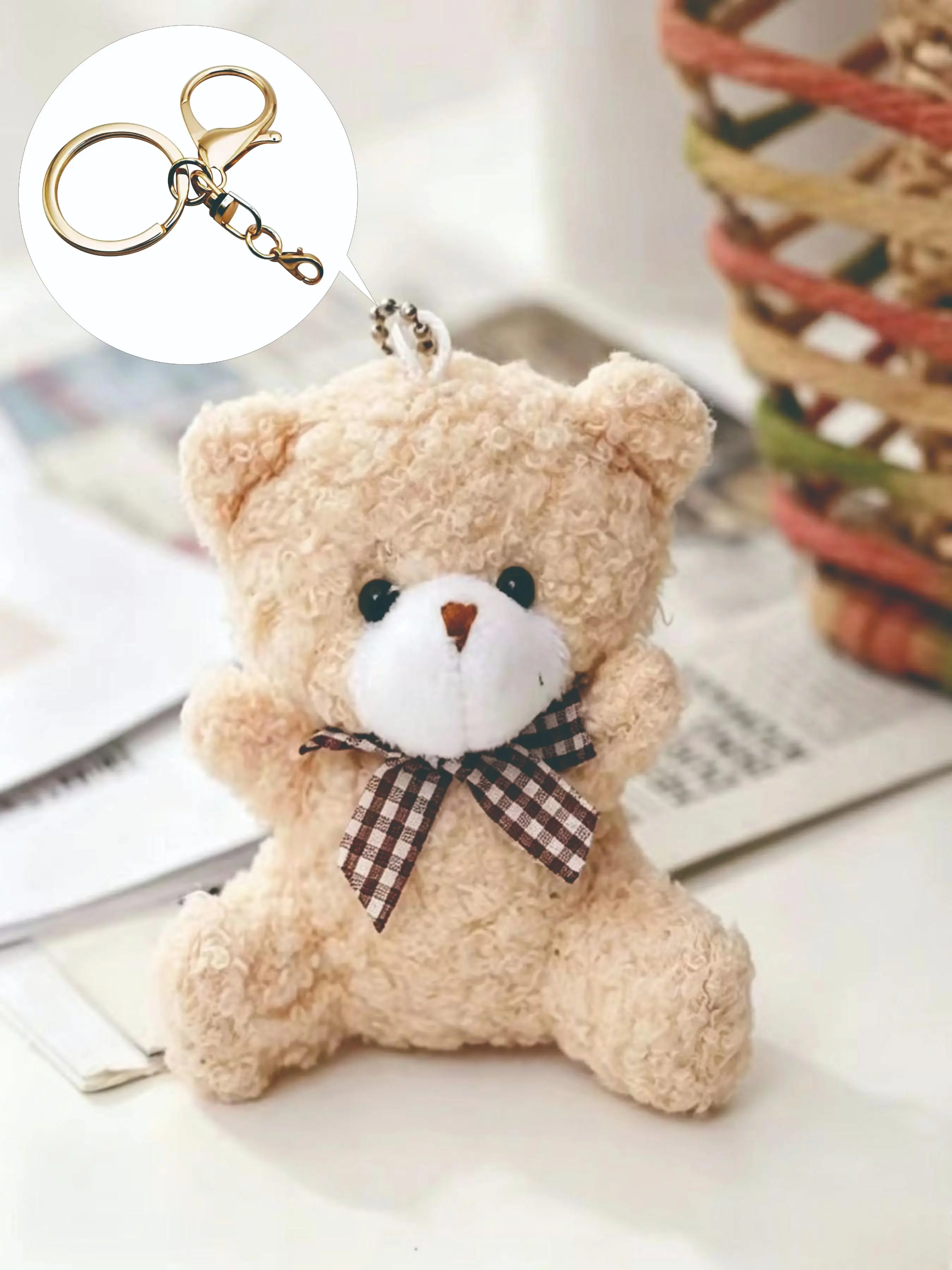 Cute plush bear keychain pendant, Stuffed animal keychain, plaid bow knot bear plush toy pendant, small teddy bear keychain, backpack bag pendant, bag pendant keychain, Key Charms