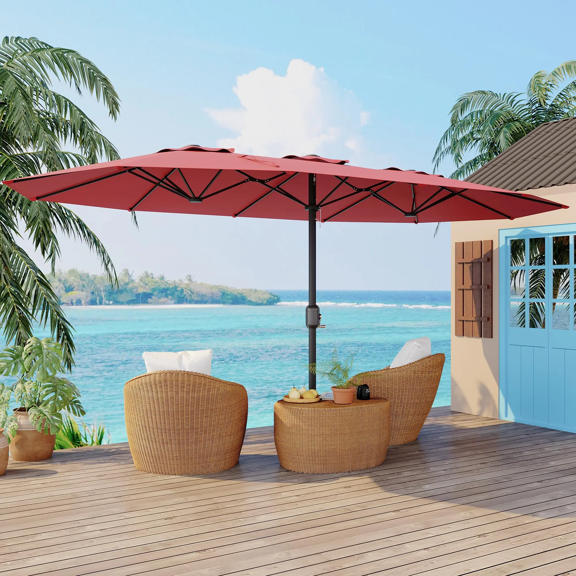 15FT Extra Large Double Sided Patio Umbrella with Base, Windproof Heavy Duty Outdoor Shade with Steel Ribs & Crank System, UV Protection Rectangular Canopy for Backyard Lawn Poolside