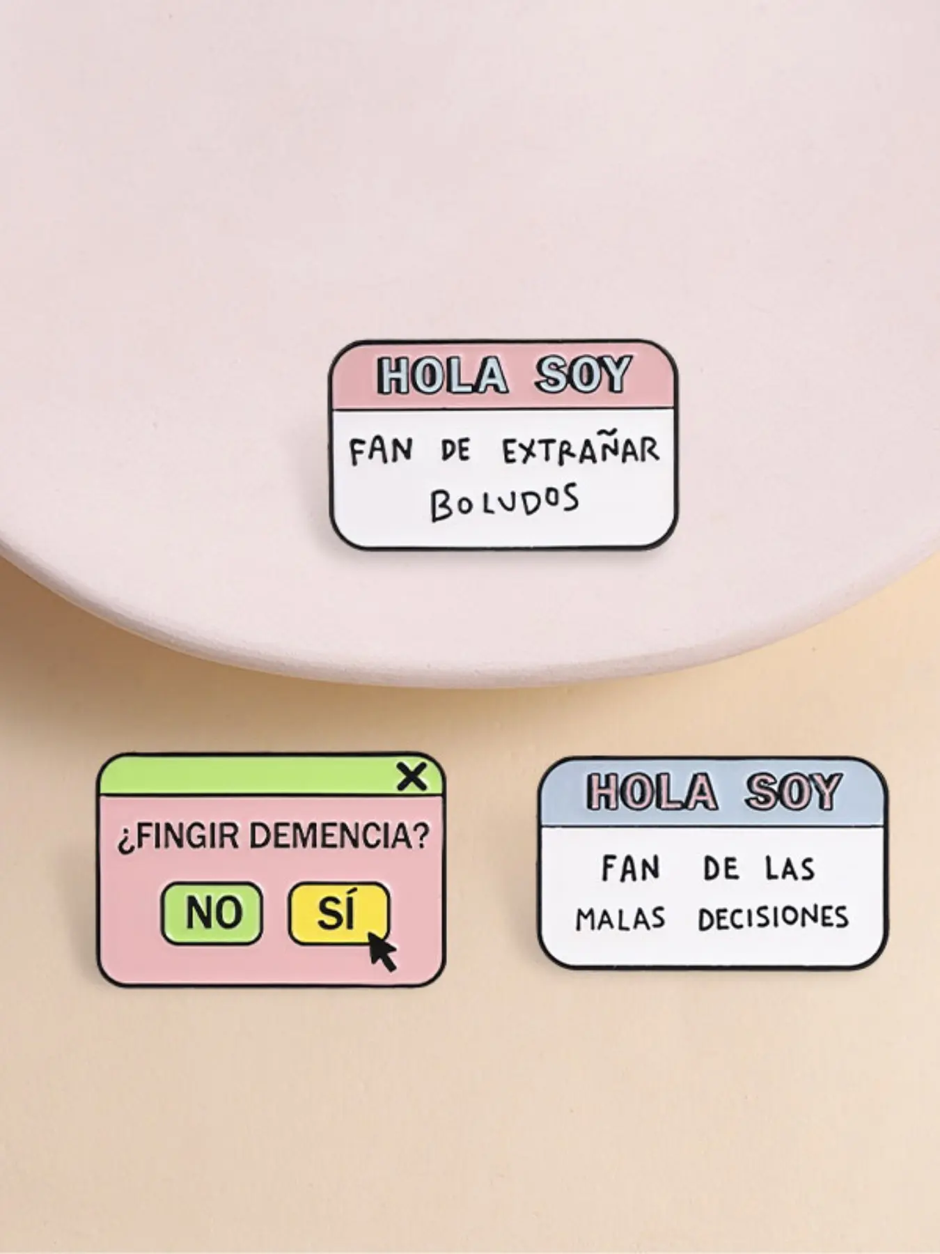 3pcs Spanish Meme Pop Up Window Enamel Pin Set, Pastel Ui Sarcastic Bad Decision, Lapel Badge, Latin Backpack Clothes Brooch Accessory