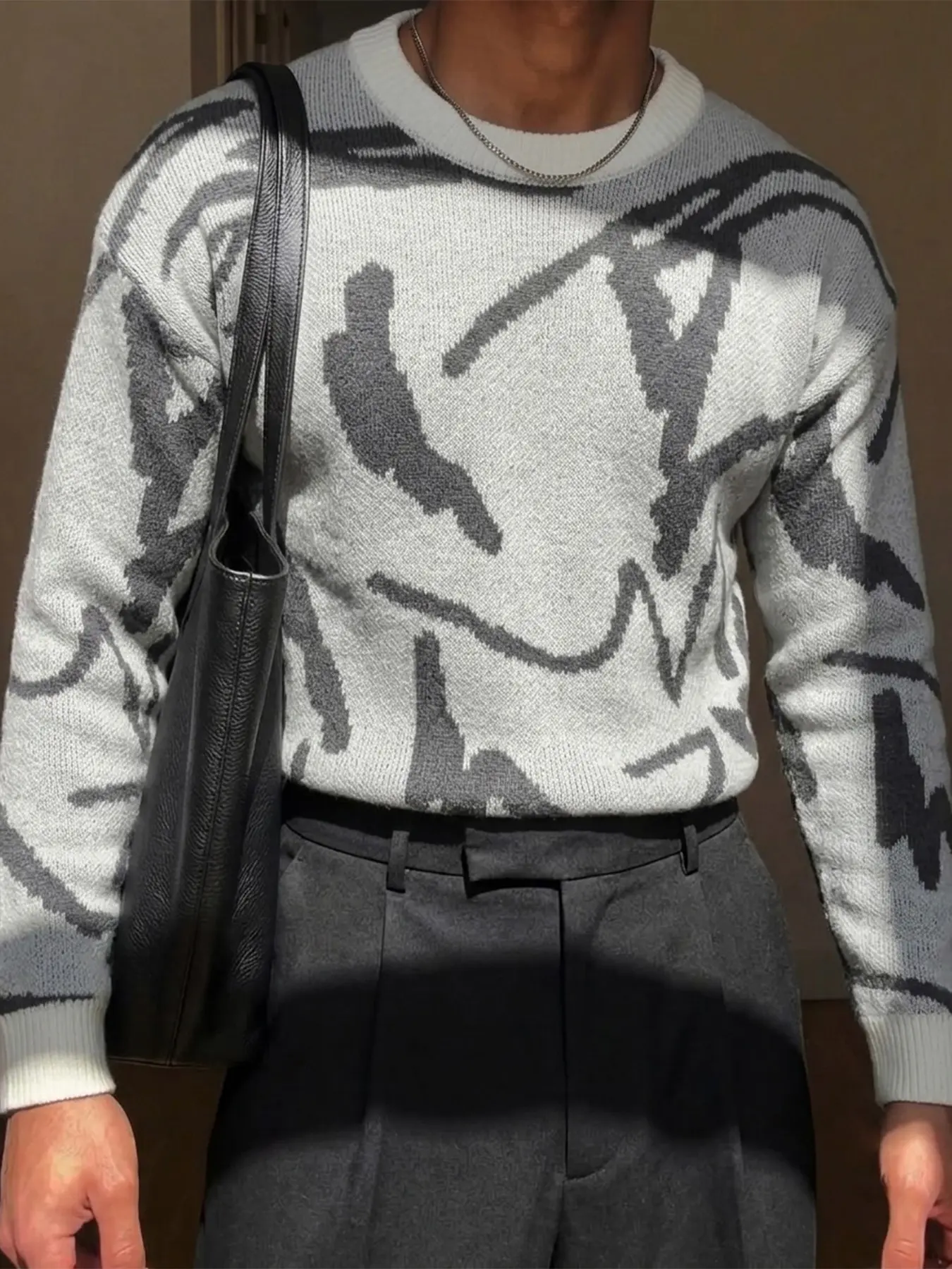 Men's Abstract Graffiti Knit Sweater, Fall Winter Round Neck Long Sleeve Top, Colorblock, Streetwear Casual Comfortable