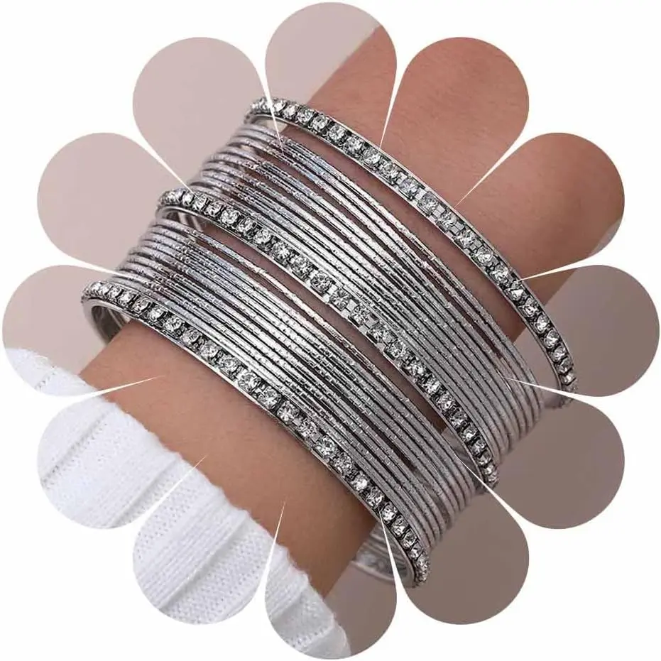 Bangle Bracelet Set Thin Circle Bangle Collection Indian Bollywood  Bangles Metal Texture Rhinestone Tennis Bracelet Wedding Outfit  for Women (22 Pcs)