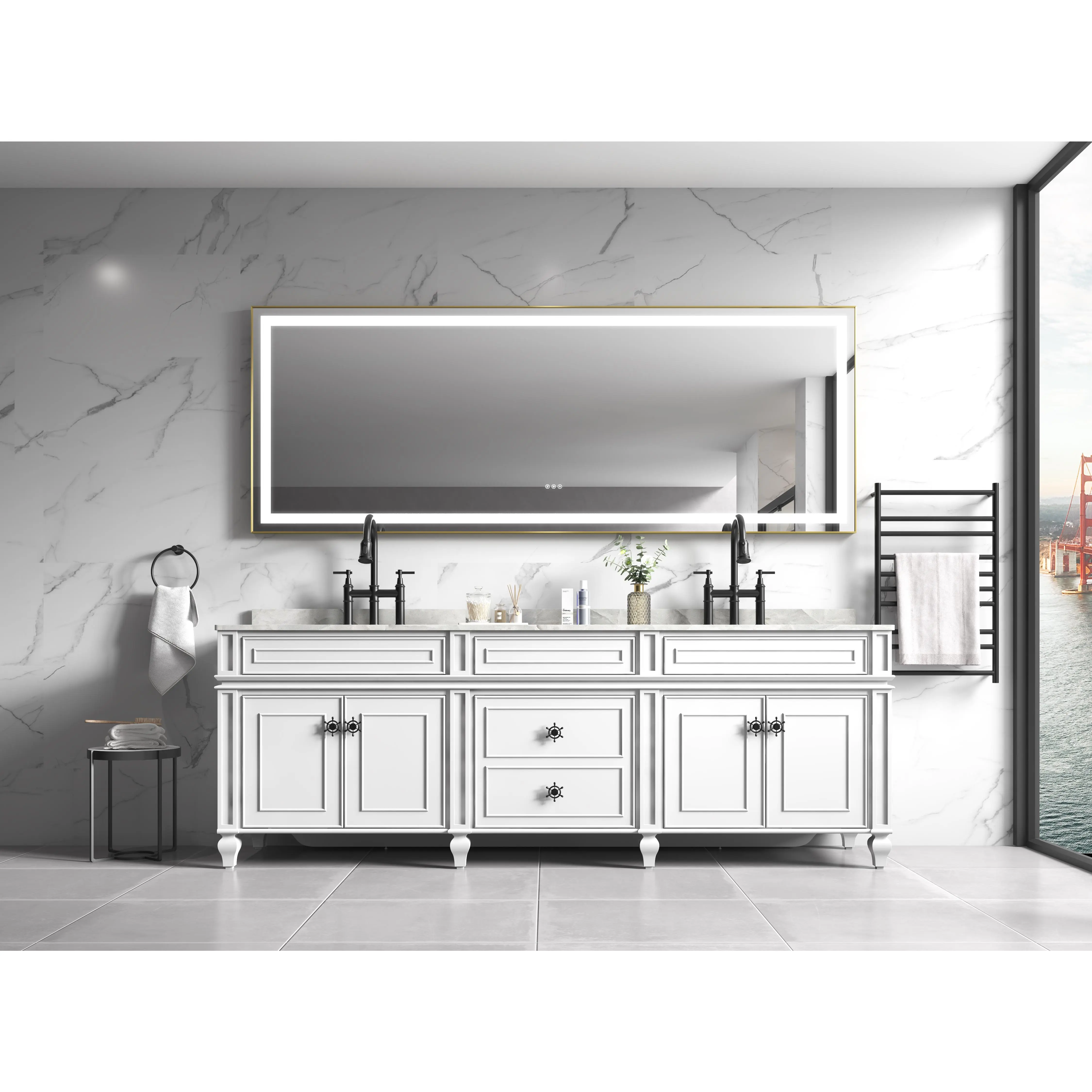 Nokaa 118 x 36 Inch LED Bathroom Mirror with Aluminum Frame, Wall Mounted Vanity Mirror, Anti-Fog, Memory, 3 Color Temperatures, Stepless Dimmable, Brushed Gold, for Bathroom, Bedroom, Living Room