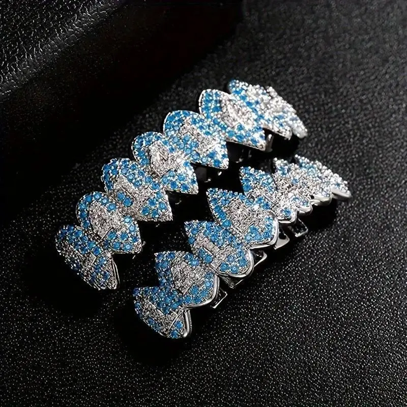 Unisex2-PieceHalloweenHip-HopGrillzSetSharpSharkTeeth8-FangVampireStylePersonalizedZirconiaFunkyTeethAccessoryStainlessWireCeramicBracesOralBlueQP288566