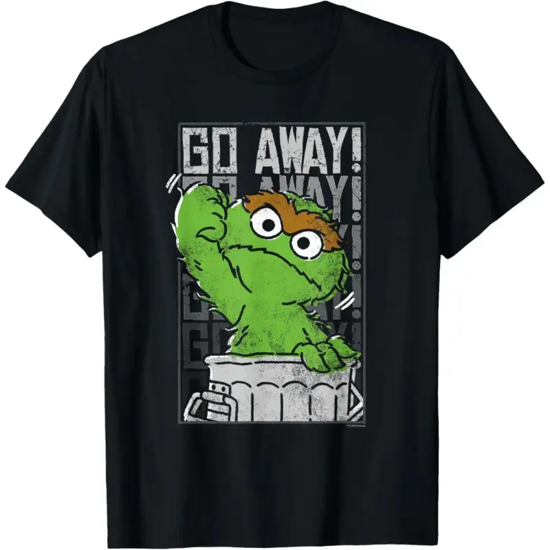 Men's Sesame Street Oscar the Grouch "Go Away" Graphic Shortsleeve T-Shirt - Funny Nostalgic Casual Pop-Culture Novelty Sports Top