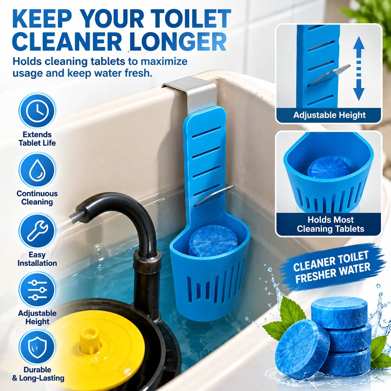 Toilet Tank Cleaning Tablet Holder, Adjustable Hanging Toilet Tablet Basket & Cleaner Tablet Dispenser, Tool-Free Silicone Holder with Metal Hook for Bleach & Cleaning Tablets