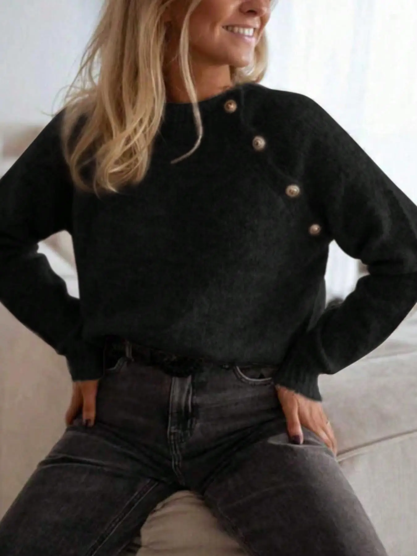 Women's Side Button Knit Sweater, Long Sleeve Mock Neck Pullover Top, Basic Vintage Casual Style, Soft Comfy Warm Daily Wear, Autumn Winter Fashion Jumper, Casual Cozy Sweaters