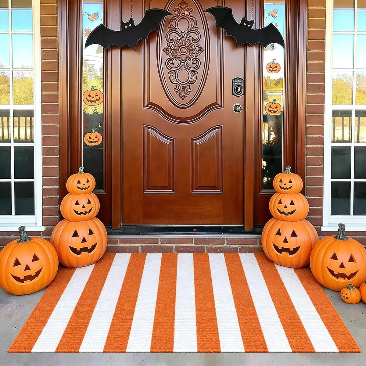 Minimalist Orange-Stripes Decorative Area Rug, 1-Piece Washable Cotton Outdoor Doormat, Multi-Size Halloween Layering Mat for Front Door Entrance Porch Decor