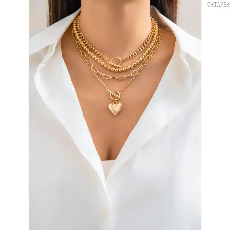 Women's 4Pcs Punk Heart Layered Necklace Set, Beaded Stackable Clavicle Chain with OT Clasp, Multi-layer Versatile Stylish Jewelry, Trend Street Accessory, Perfect Birthday Gift for Girlfriends