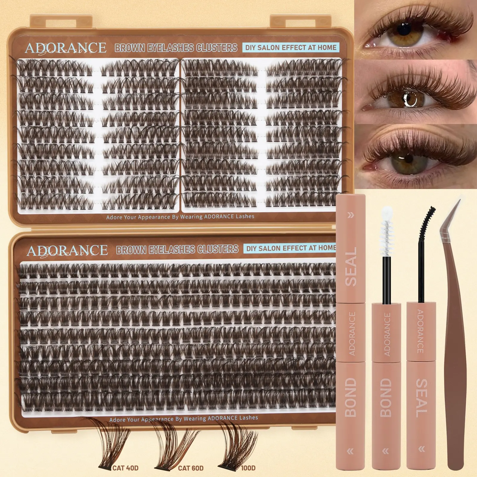 ADORANCE Brown Lash Clusters 648PCS Kit, D Curl Individual Eyelash Extensions 10-18mm Mixed Length, Volume Cluster Lashes with Bond & Seal, Tweezers, DIY Eyelash Extension Kit for Home Salon Makeup Fluffy Lashes