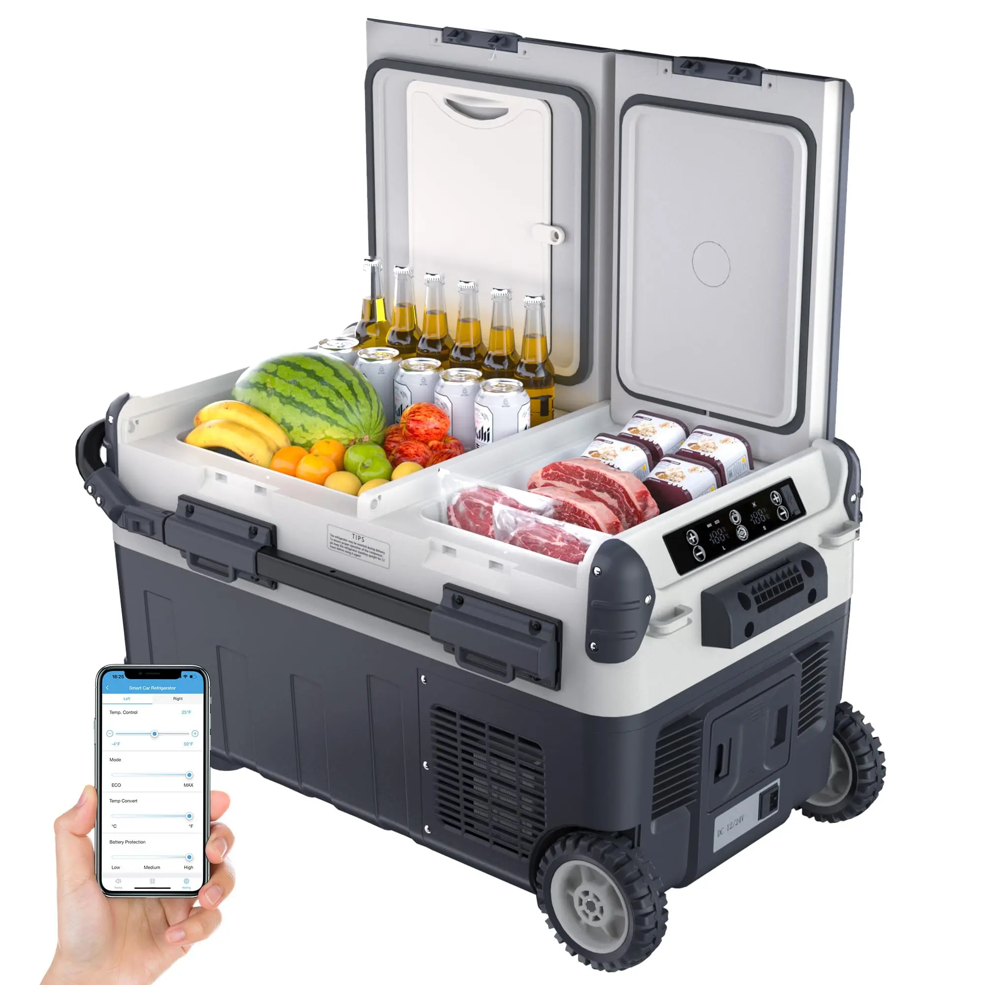 GAOMON Portable Dual Zones Compressor Cooler Refrigerator (32/43/53QT) - 12V/24V DC AC Solar Powered, Fast Freeze to -4°F, Wireless Battery Compatible, Silent Op for Truck Camping