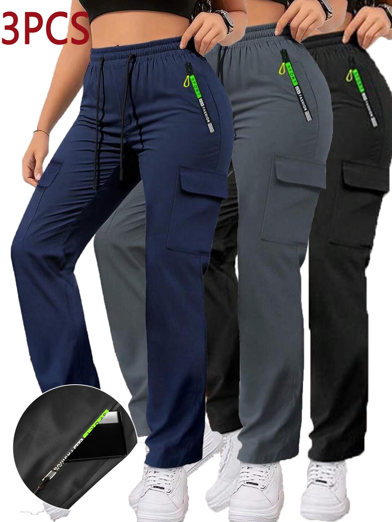 3Pcs Women's Spring/Autumn Zipper Pocket Work Pants, Stylish Large Pocket Design with Elastic Waistband, Casual Outdoor/Everyday Long Slim Pants