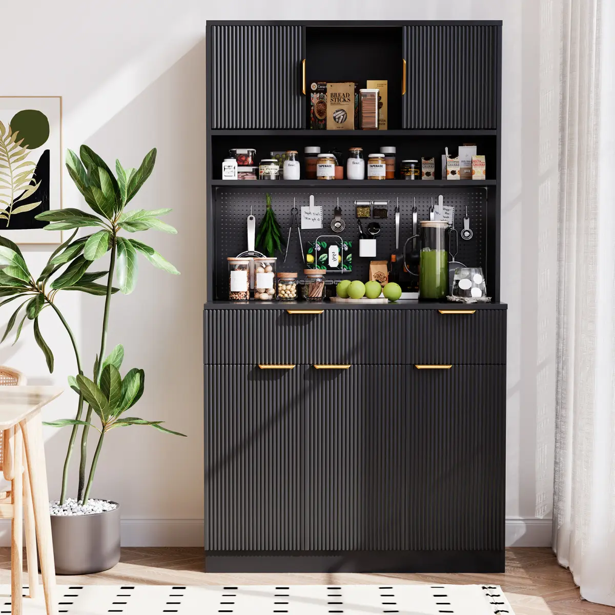 Aobtkel 73" Rectangular MDF Wood Fluted Look Pantry Cabinet - Living Room Kitchen Microwave Stand Hutch with Storage, Charging Hub Station, DIY Pegboard Kits, Black
