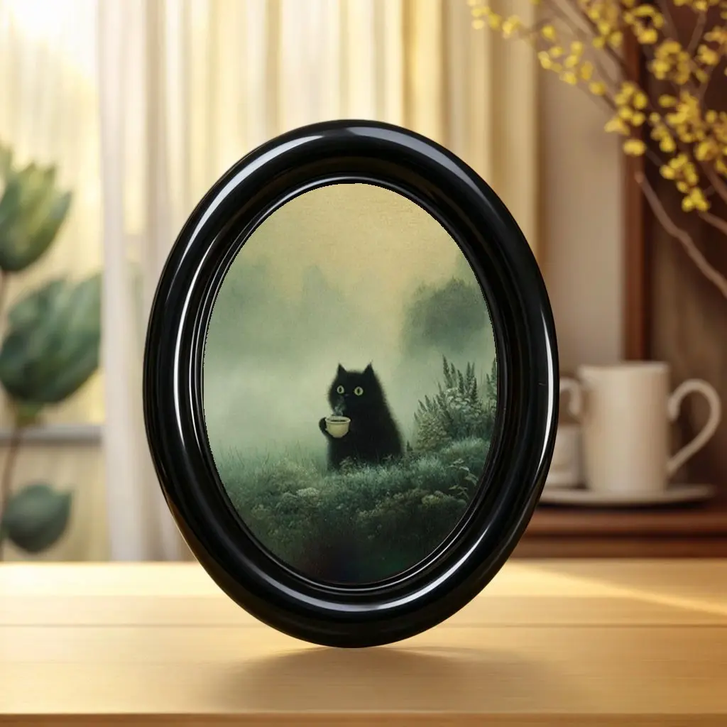 Romantic Cat Coffee Scene Wall Art, Artistic, Vintage Oval Frame, Framed Home Decor, Halloween Christmas Thanksgiving Decor, Bedroom Office Wall Hanging, Ornaments, Decoration Items
