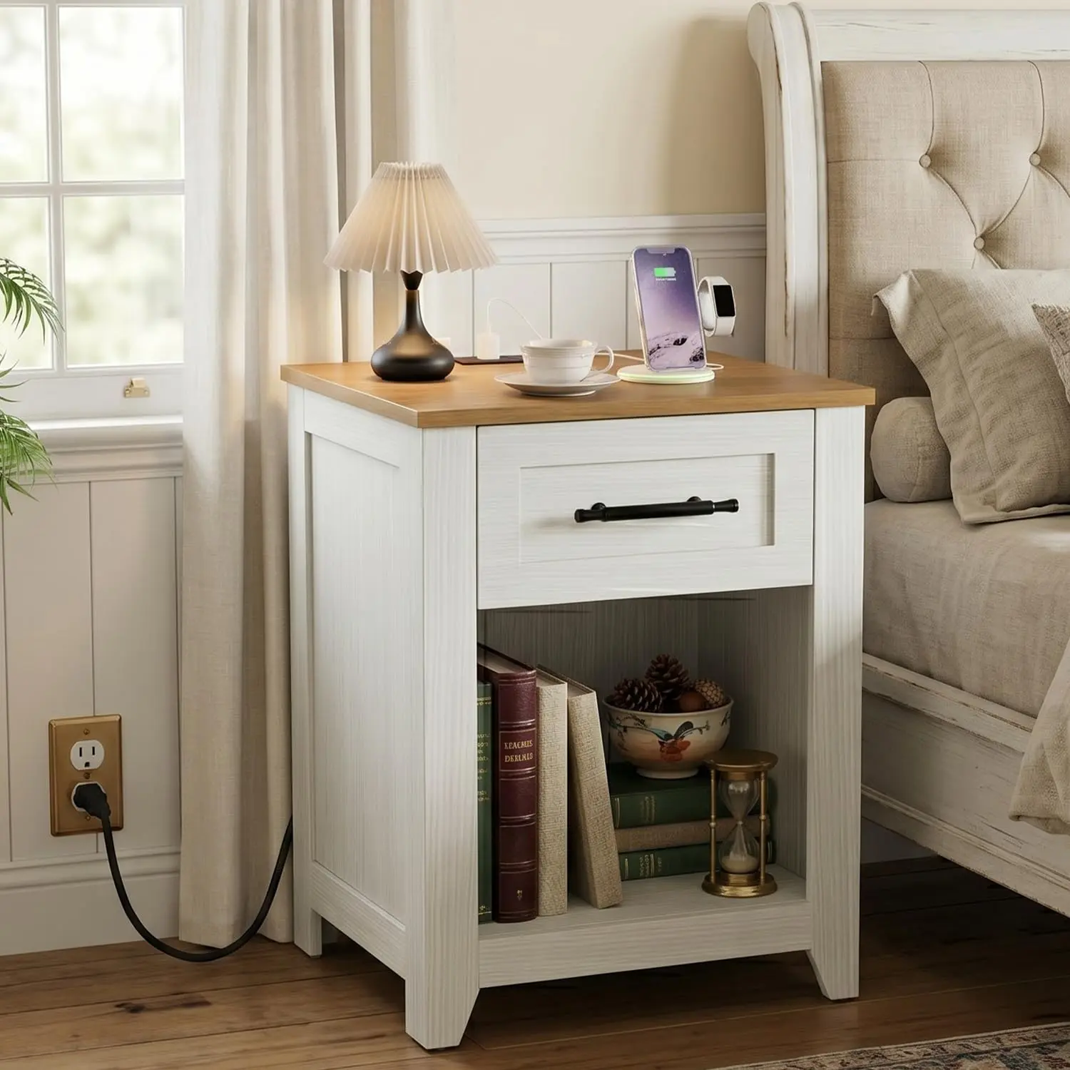 Farmhouse Nightstand with 1 Drawer and Charging Station, Power Outlet, Open Storage Shelf for Bedroom Living Room