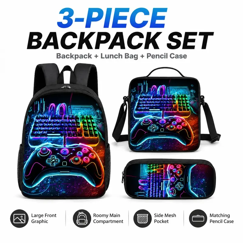 Game controller pattern printed 16 inch Gamer backpack set three piece set (single-layer backpack+small shoulder bag+single-layer pencil case)