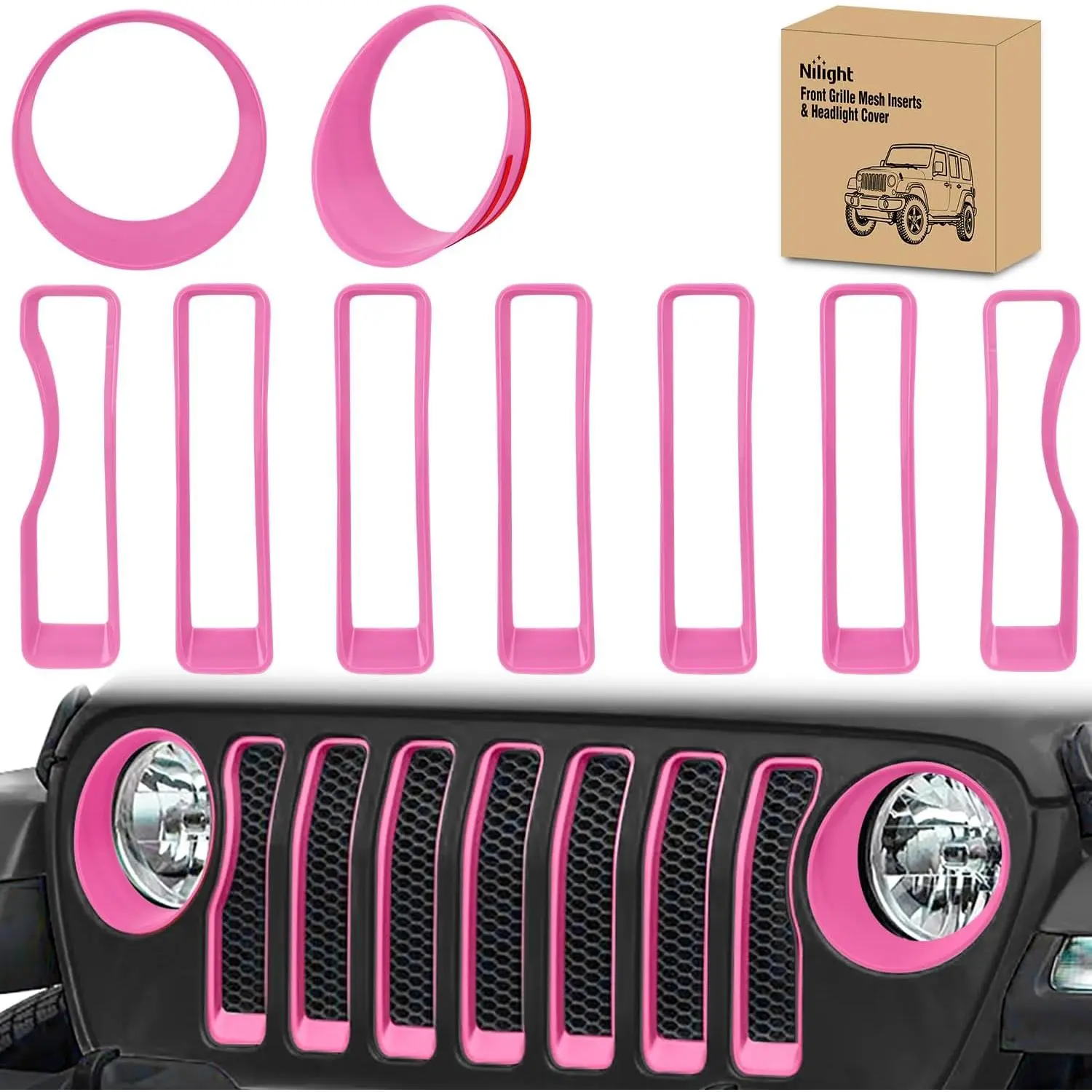 Nlilght Grill Inserts fit for Jeep Wrangler Front Grille Inserts Headlight Cover Set for JL JLU Unlimited Sport SportS 2018 2019 2020 2021 2022 2023 Grille Bezels Trim Exterior Accessories Pink 9 Pcs
