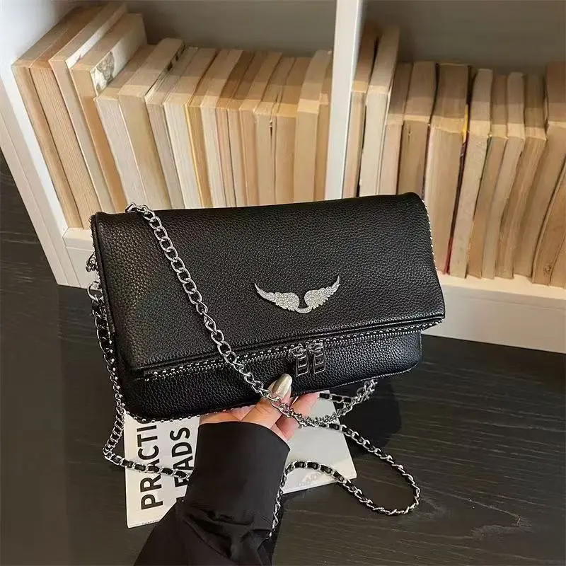 Women's Wing Design Crossbody Bag, French Style Rhinestone Chain Shoulder Purse, Elegant Fashion Handbag, Chic Evening Bag for Daily Use