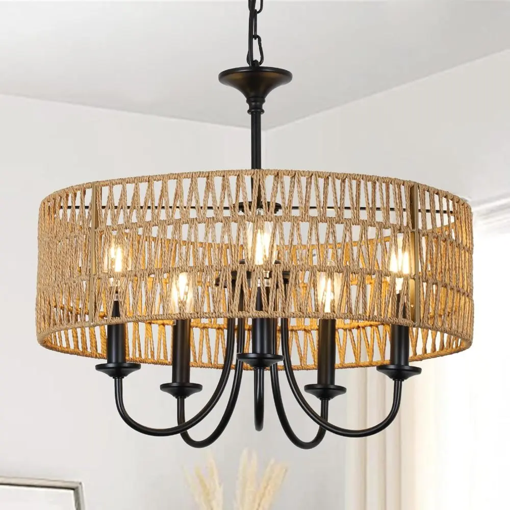 Littleox Modern Farmhouse Rattan Wicker Chandelier, 5-Light Large Hand-Woven Shade Boho Black Pendant Light for Home & House Decor, Indoor Use Dining Room