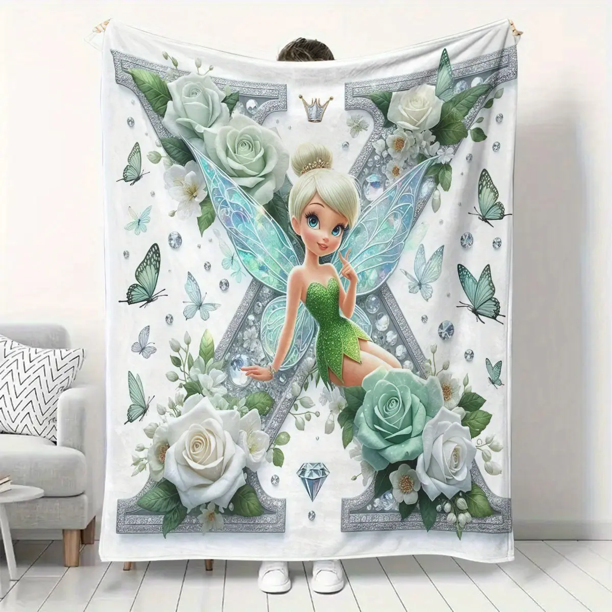 Tinkerbell Floral Butterfly Blanket - Embellished with sparkling gemstone prints, soft and comfortable, suitable for all seasons, for home/office/camping, machine washable