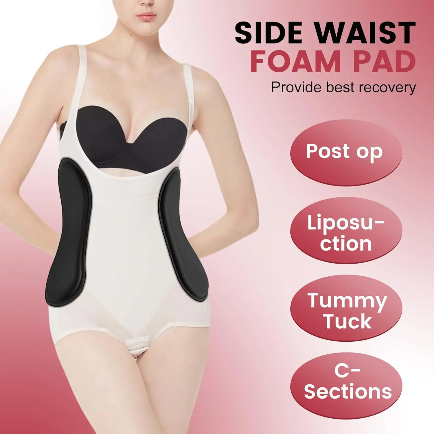 4 Pack Black Contoured Foam Support Pads, 11.8"×5.5" Waist Side Cushion Inserts for Even Pressure Distribution, Post op, Tummy tuck