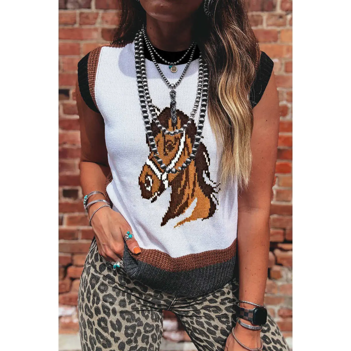 White Western Horse Head Colorblock Trim Sweater Vest