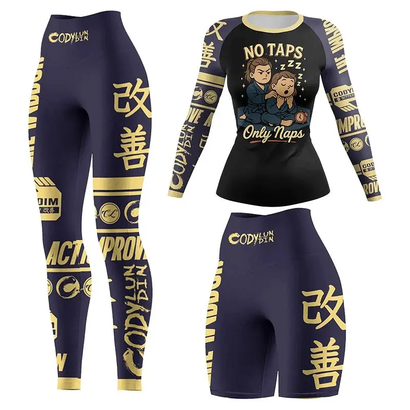 Women's Fitted Breathable Polyester Martial Arts Compression Set - Long Sleeve Rashguard, Pants, Shorts, Customized T-Shirts, Unisex Clothes for MMA, Jiu Jitsu Training