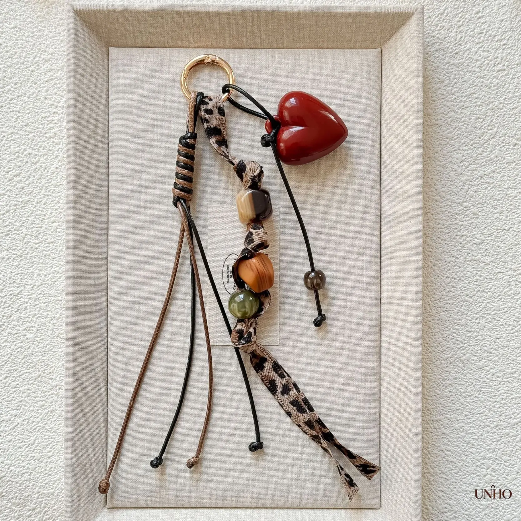 Vintage Brown Bag Charm With Leopard Print Braided Cord, Handmade Beaded Heart Keychain, Retro Warm Tone Decor Accessory For Backpacks Handbags, Fall Aesthetic Layered Bag Pendant, Sweet Casual Daily Ornament & Hot Cross-Border Wholesale Small Gi