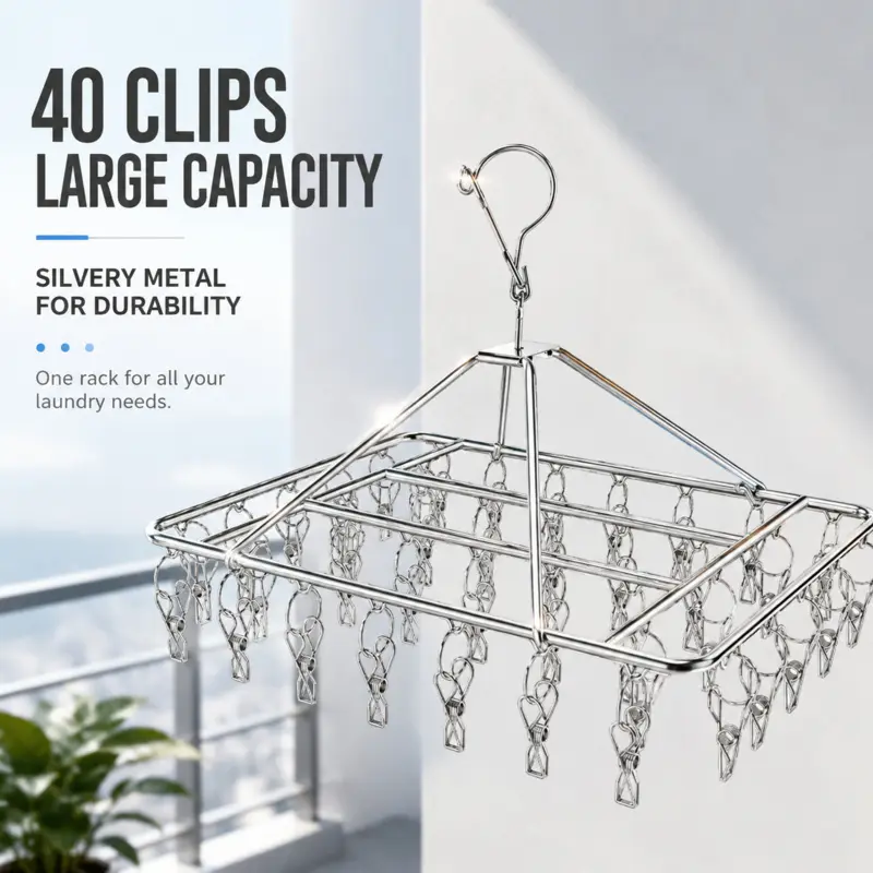 40 Clips Stainless Steel Sock Drying Rack Heavy Duty Hanging Laundry Hanger with Clips Multi Clip Clothes Dryer For Socks Underwear Baby Clothes Drying Rack Hangers