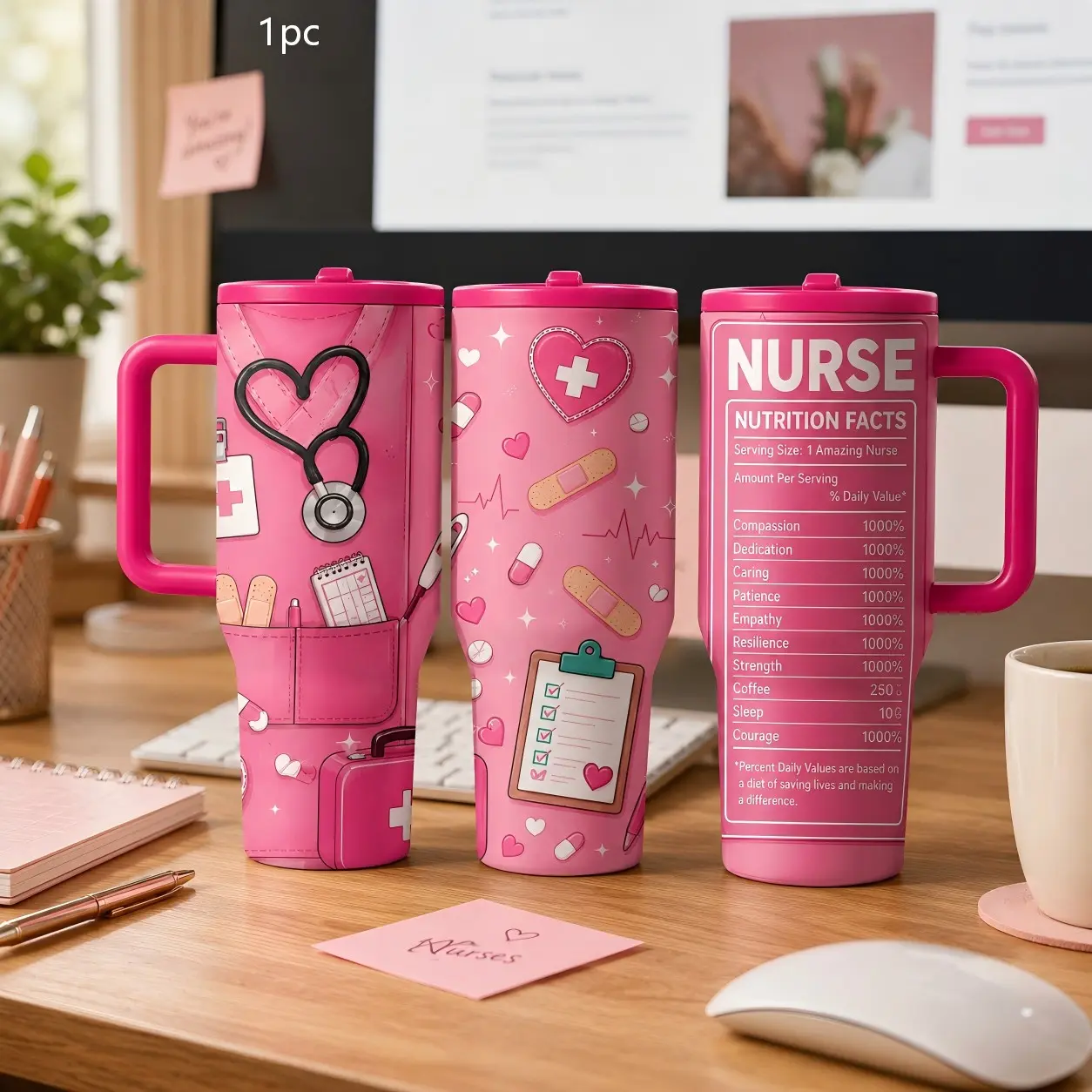 1PC 40oz  Nurse Stethoscope Heart Medical Pattern Insulated Tumbler with Portable Handle & Leak-Proof Lid, Double Wall Vacuum Travel Mug, Large Capacity Cup for Men Women, Birthday Christmas Nurse Theme Gift, Vacuum Leakproof Tumbler