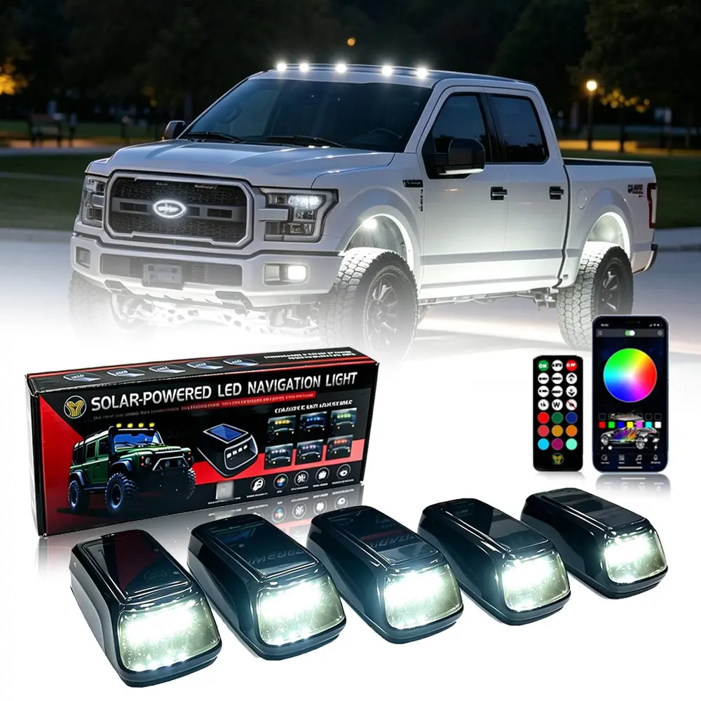 5PCS Solar APP RGB Cab Lights for Trucks – Multi Mode No Drill Roof LED Marker Lights with Vibration Sensor, Waterproof Clearance Lights for Semi Truck Pickup RV SUV
