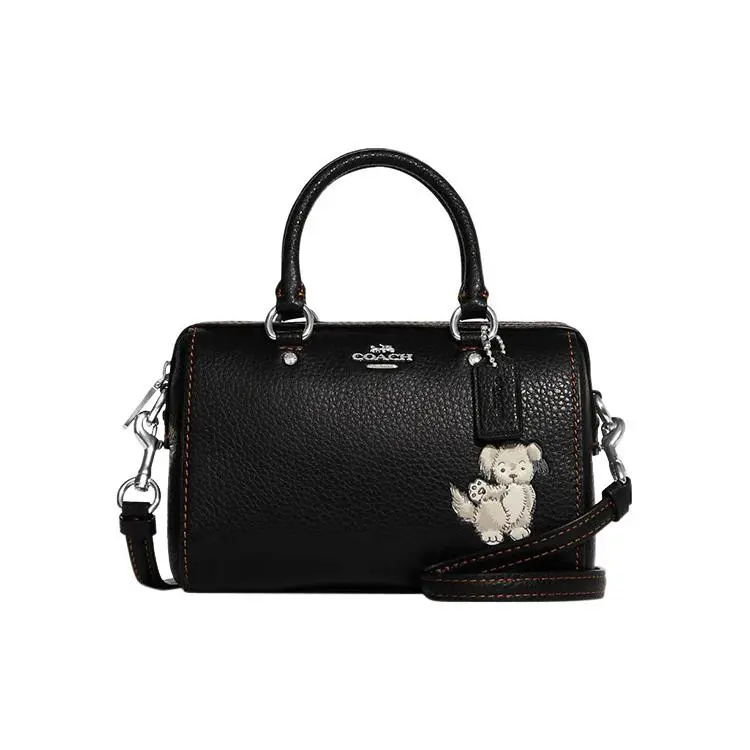 COACH Rowan 17 Mini Crossbody Bag for Women with Dog Print and Animal Badge, Pebbled Leather, Black