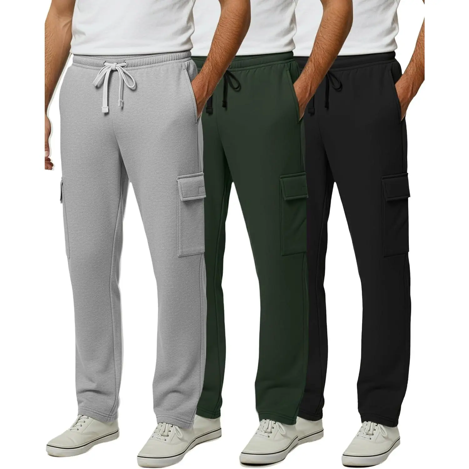 3 Pack: Men's Tech Fleece Open Bottom Cargo Sweatpants with Pockets (Available in Big & Tall)