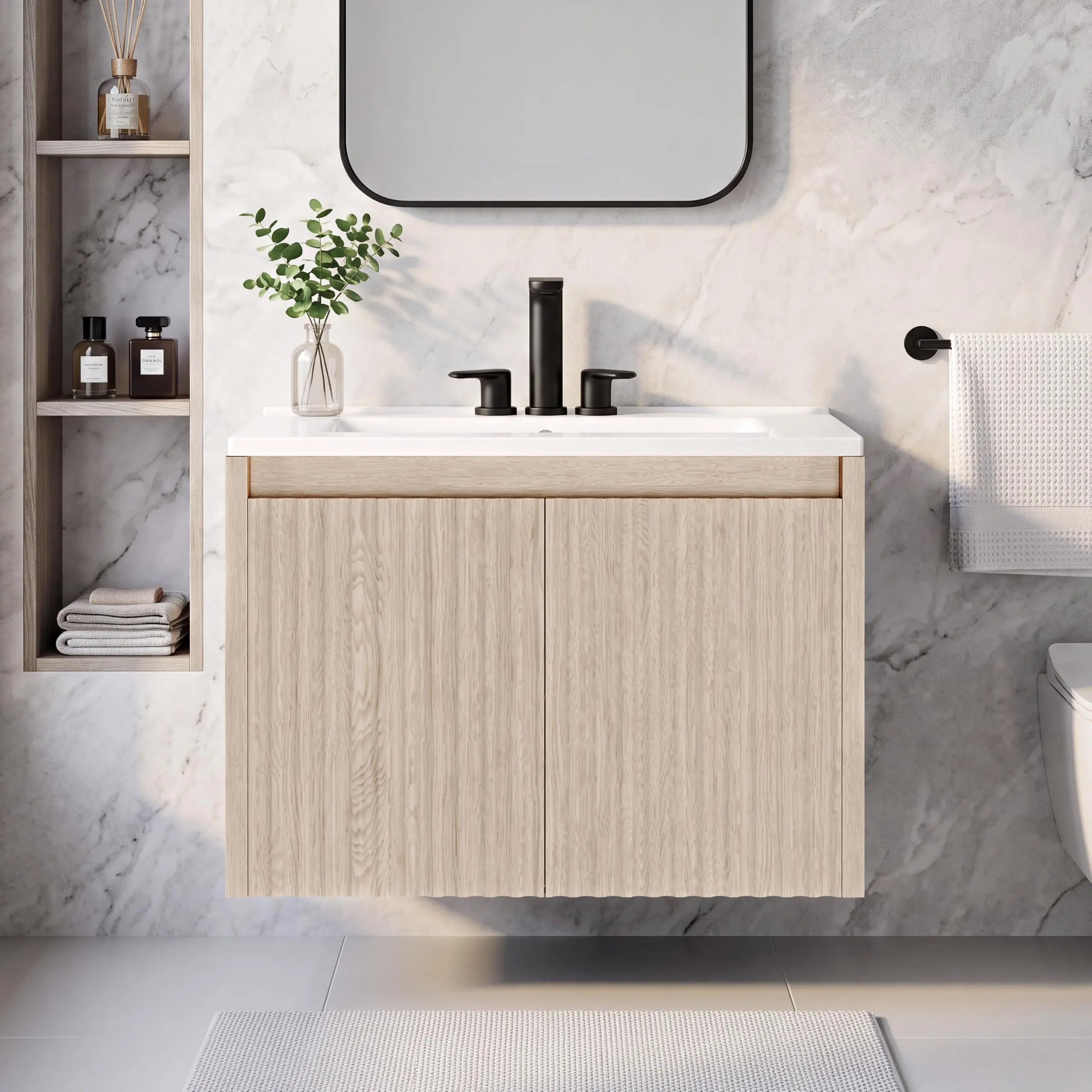 24" Modern Single Basin Floating Bathroom Vanity Set - Ceramic Sink, Fluted Door Cabinet, 4"/8" 3-Hole Design, Wall-Mounted Indoor Storage Furniture