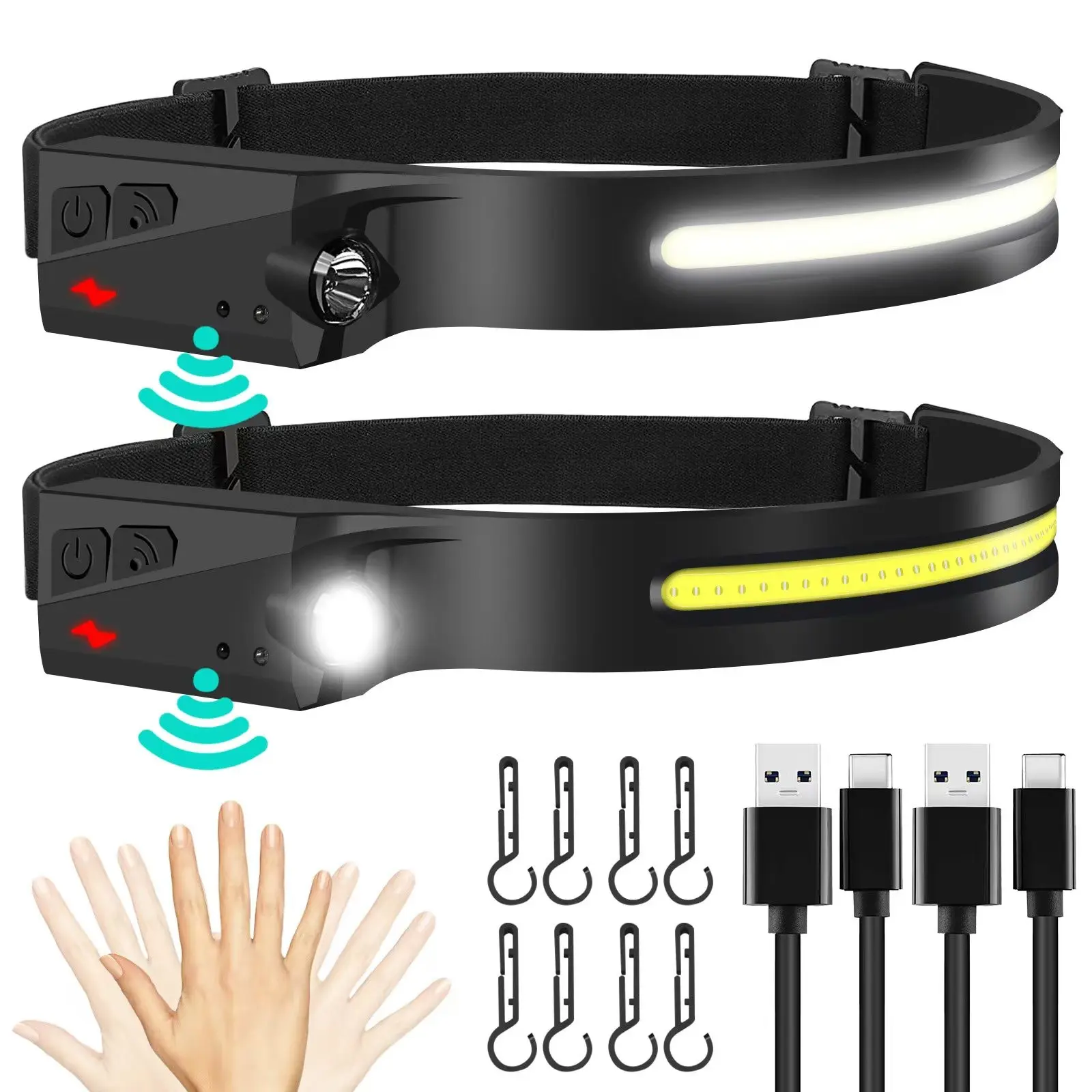 Rechargeable Headlamp, 230° Wide Beam Head Lamp with Motion Sensor, Waterproof Head Light Flashlight For Hiking, Running, Repair, Fishing, Biking, Valentine's Day Gift