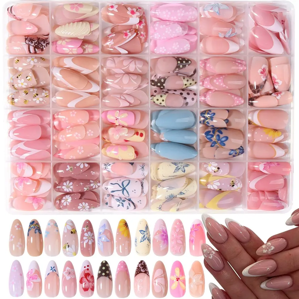 576pcs Long Almond Shape 3D Gel Nail Set, DIY Home Nail Art, Flower Design French Tips, Acrylic False Nails, Includes 4 Jelly Glue & 2 Nail Files