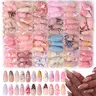 576pcs Long Almond Shape 3D Gel Nail Set, DIY Home Manicure Nail Art, Flower Design French Tips, Acrylic False Nails, Includes 4 Jelly Glue & 2 Nail Files