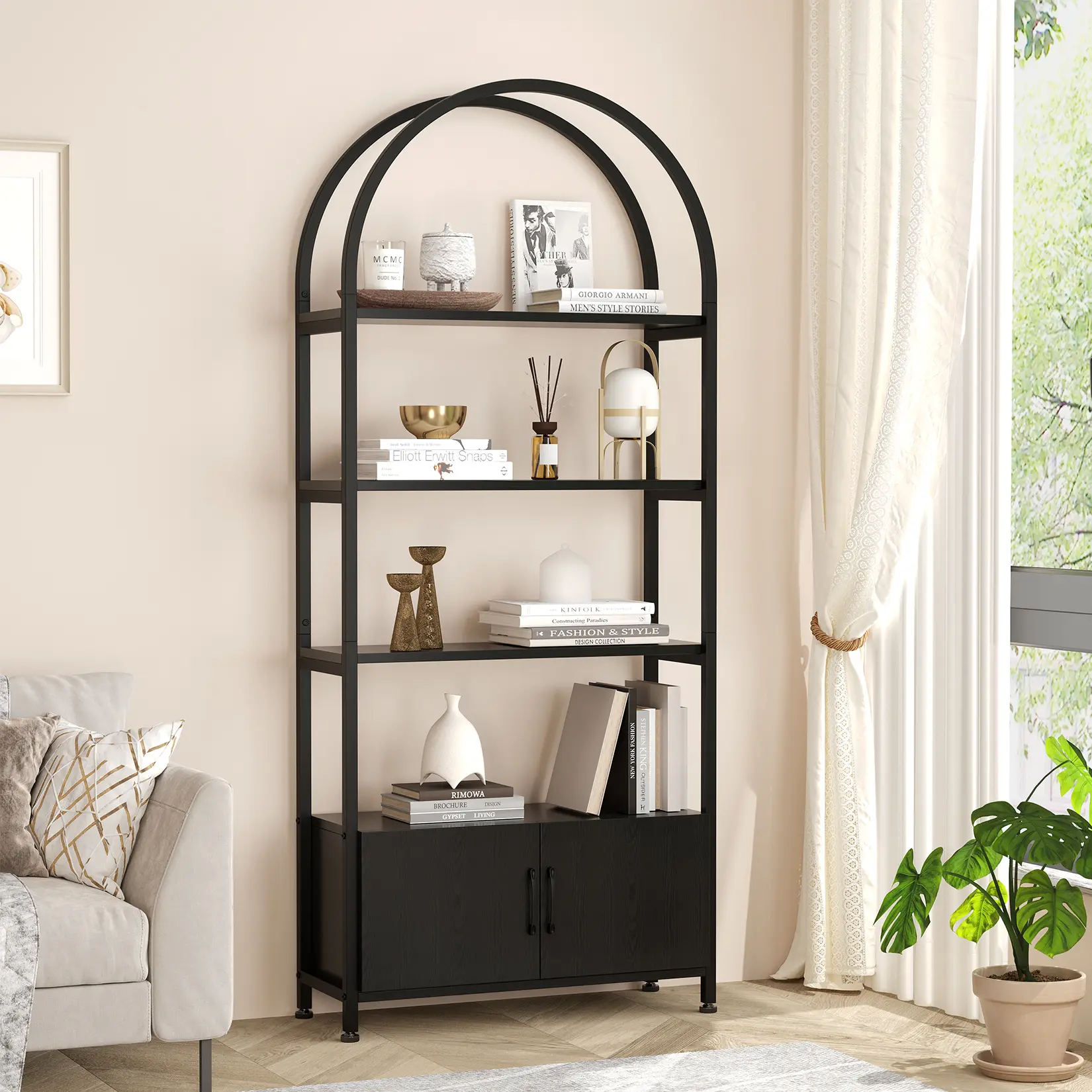 Bookshelf, Arched Bookcase with Studry Metal Frame and Quality Board, Modern Book Shelf with 4-Tier Open Shelves for Living Room, Bookshelf with Doors Storage,71.5" Tall Book Shelf